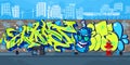 Colorful Outdoor Urban Streetart Graffiti Wall With Drawings Against The Background Of The Cityscape Vector Illustration Royalty Free Stock Photo