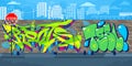 Colorful Outdoor Urban Streetart Graffiti Wall With Drawings Against The Background Of The Cityscape Vector Illustration Royalty Free Stock Photo