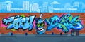 Colorful Outdoor Urban Streetart Graffiti Wall With Drawings Against The Background Of The Cityscape Vector Illustration Royalty Free Stock Photo