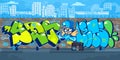 Colorful Outdoor Urban Streetart Graffiti Wall With Drawings Against The Background Of The Cityscape Vector Illustration Royalty Free Stock Photo