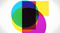 Colorful overlapping circles and rectangles with a central dark area on a light background Royalty Free Stock Photo