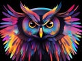 Colorful owl in flight with multi-colored feathers and dark background Royalty Free Stock Photo