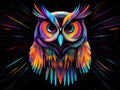 Colorful owl in flight with multi-colored feathers and dark background Royalty Free Stock Photo