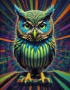 Colorful owl with green and blue feathers, featuring vibrant patterns and expressive eyes set against a dynamic background Royalty Free Stock Photo