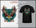 Colorful owl head mandala arts isolated on black t-shirt Royalty Free Stock Photo