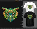 Colorful Owl head mandala arts isolated on black and white t shirt Royalty Free Stock Photo