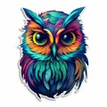 Colorful Owl Head Sticker: Vibrant Caricature In Glowing Acrylic Colors