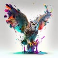 a colorful owl with wings spread out on a puddle of paint on a white background with multicolored drops of paint on the wings