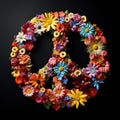 colorful pacifist peace symbol with flowers on black