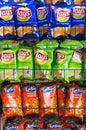 Colorful packaging of the top chip FMCG brands in indian retail stores