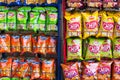 Colorful packaging of the top chip FMCG brands in indian retail stores