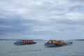 Colorful paddle boats at Balaton lake waiting for turists