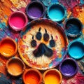 Colorful paint cans and a wooden palette with a paw print Royalty Free Stock Photo