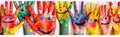 child hand colorful artist paint finger concept fun art smile. Generative AI. Royalty Free Stock Photo