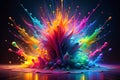Colorful paint explosion on dark studio floor Royalty Free Stock Photo