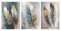 colorful paint feathers artwork watercolor art design. Modern wall poster abstract golden lines art decorative painting