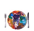 Colorful paint palette with fork and knife.