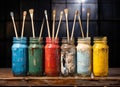 Colorful paint pots with brushes inside