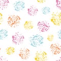 Colorful paint spatter circles seamless vector pattern background. Irregular tropical color painterly spots on white