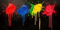 Colorful paint splashes on black canvas with vibrant dripping effect Royalty Free Stock Photo