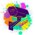 Colorful paint splashes with flat lay modern minimal silhouette of CCTV security camera on white background