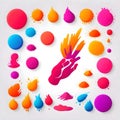 colorful paint splashes and hand gesture, holi design elements set