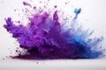 Colorful paint splashes isolated on white background. 3d rendering, Explosion of purple and blue glitter against a stark white