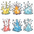 Colorful paint splashes set against isolated white background. Vibrant liquid splatter collection Royalty Free Stock Photo