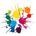 Colorful paint splashes on a white background. Red, magenta, yellow, cyan, purple and green