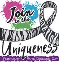 Colorful Paint Splashes And Zebra Ribbon For Rare Disease Day, Vector Illustration