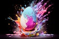 Colorful paint splashing on a easter egg isolated on black background. Generative AI