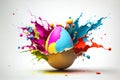 Colorful paint splashing on a easter egg isolated on black background. Generative AI