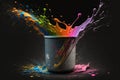 Colorful paint splashing out of a bucket, isolated on black background. Generative AI Royalty Free Stock Photo