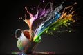 Colorful paint splashing out of a cup on a black background. Generative AI Royalty Free Stock Photo