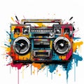 Colorful Paint Splatter Boombox: Vintage Poster Design Inspired