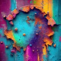 Colorful paint splatter on rust steel texture. Metal wall old style. Ruins material abstract background illustration with