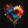 Colorful paint splattered heart on black background. Generative AI