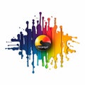 a colorful paint splattered logo on a white background