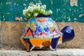 Colorful ceramic turtle planter with white flowers at a St. Louis restaurant