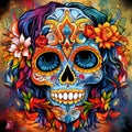 Colorful, painted, decorated skull around flowers, colorful background. For the day of the dead and Halloween Royalty Free Stock Photo