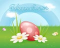 Colorful painted easter egg on flower grass sky clouds background sping holiday template cartoon design vector
