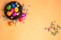 Colorful painted Easter Egg Nest with orange pastel colored background top view, Happy Easter Holliday concept background with