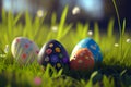 Colorful Painted Easter Eggs Background on Green Grass Generative AI Royalty Free Stock Photo