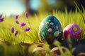 Colorful Painted Easter Eggs Background on Green Grass Generative AI Royalty Free Stock Photo
