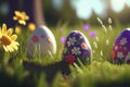 Colorful Painted Easter Eggs Background on Green Grass Generative AI Royalty Free Stock Photo