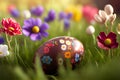 Colorful Painted Easter Eggs Background on Green Grass Generative AI Royalty Free Stock Photo