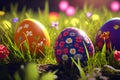 Colorful Painted Easter Eggs Background on Green Grass Generative AI Royalty Free Stock Photo