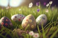 Colorful Painted Easter Eggs Background on Green Grass Generative AI Royalty Free Stock Photo