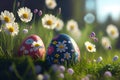 Colorful Painted Easter Eggs Background on Green Grass Generative AI Royalty Free Stock Photo
