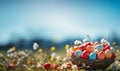 Colorful painted Easter eggs in basket in fresh green grass in the spring. Blue sky and colorful flowers. Happy Easter Royalty Free Stock Photo